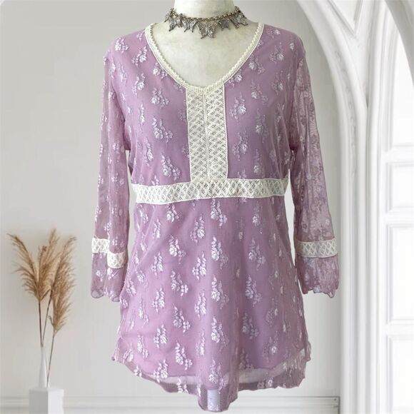 Notations Tops - Notations Lilac Purple Whimsical Fairy Lace Crochet Babydoll 3/4 Sleeve Top S